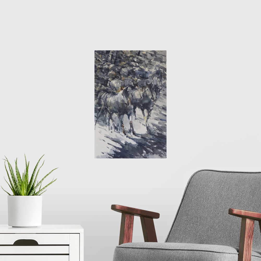 A modern room featuring Full of energy and motion, this contemporary artwork reflects the movement of wild horses by usin...