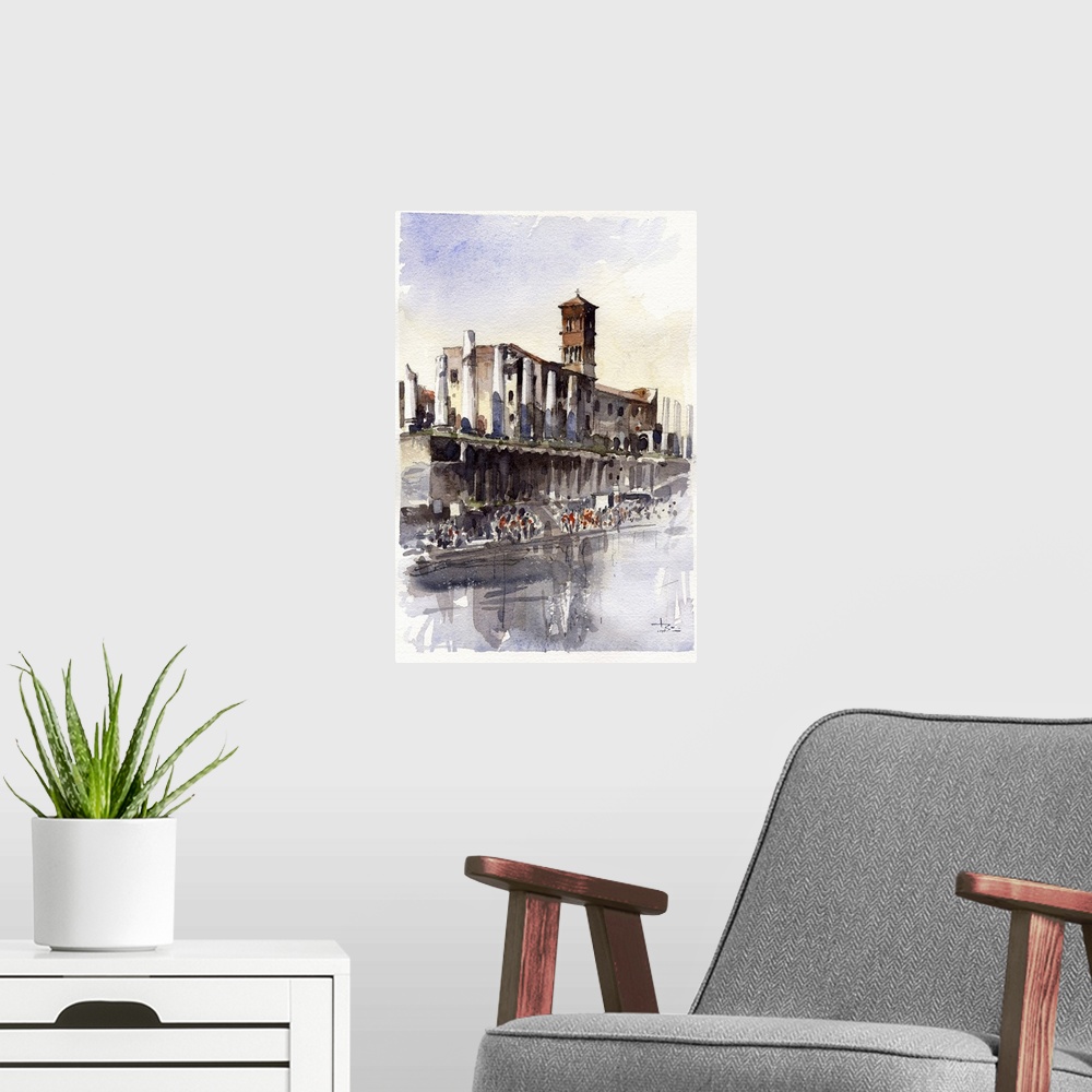 A modern room featuring Gestural brush strokes of muted watercolors illustrate tourism at Forum Romanum, Rome.