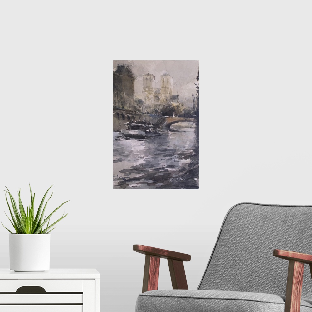 A modern room featuring Gestural brush strokes of subdued watercolors create a winter scene of the river Seine with Petit...