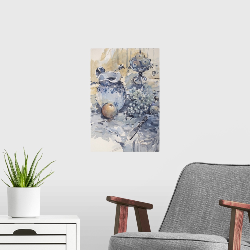 A modern room featuring Everyday objects in monochromatic blues sit restfully on a table in this contemporary artwork.