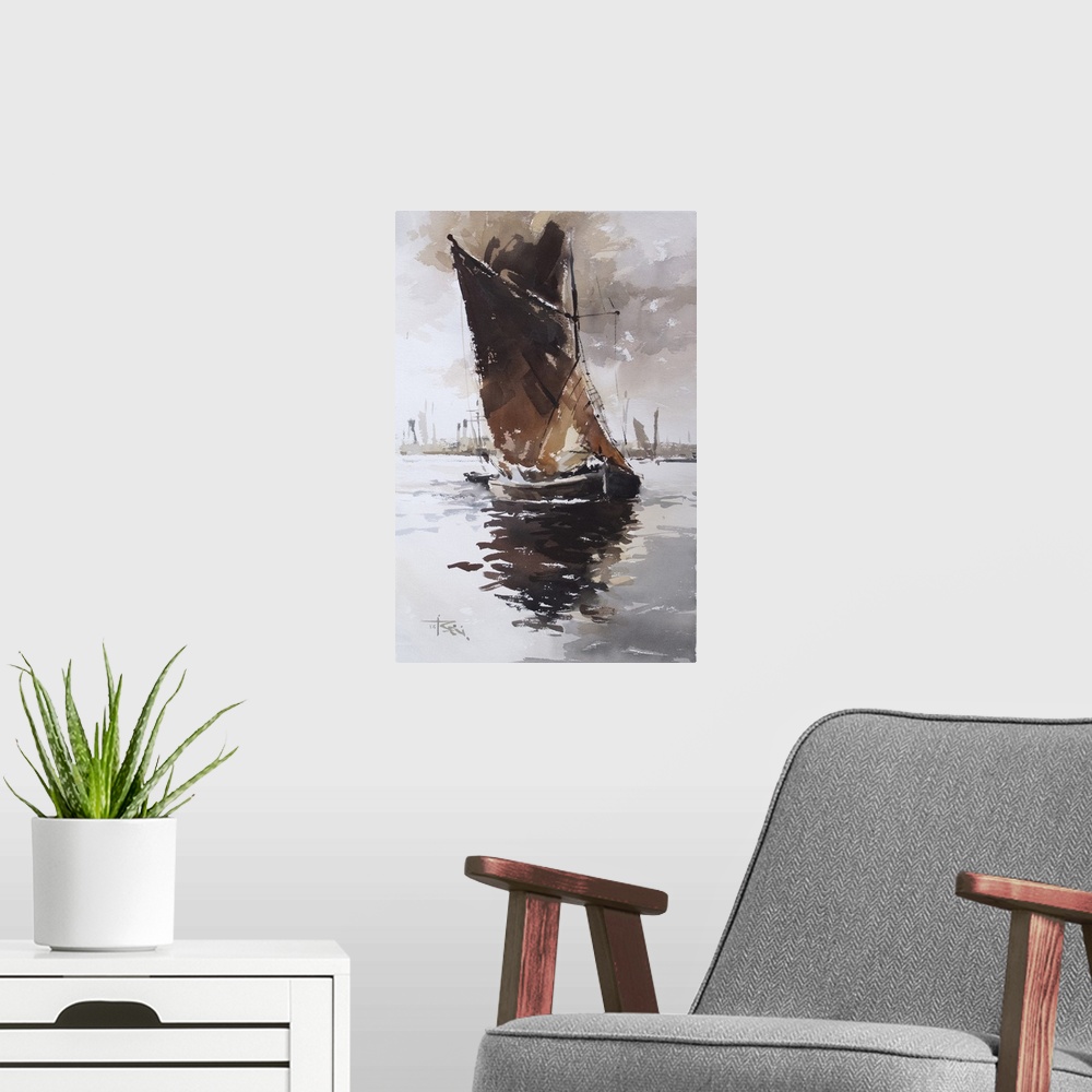 A modern room featuring This contemporary artwork features dry watercolor brush strokes and heavy shadows to create a riv...