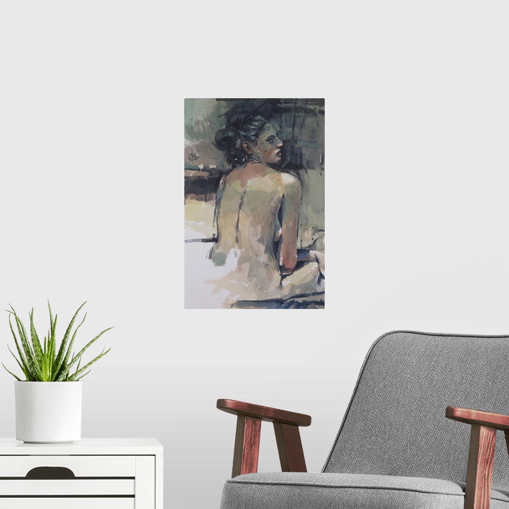 A modern room featuring This contemporary artwork features a nude woman seated shaped from moody blues offset by warm tones.