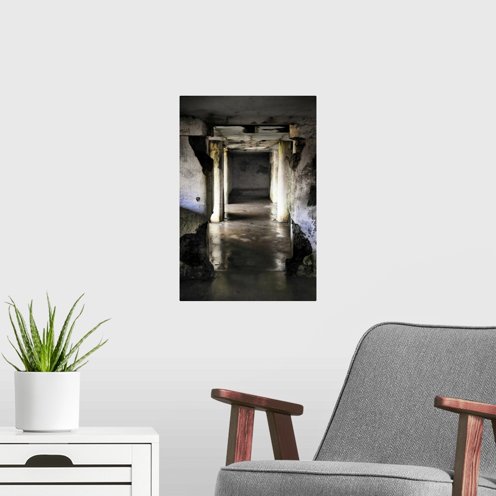 A modern room featuring A dark wet underground hallway in decay