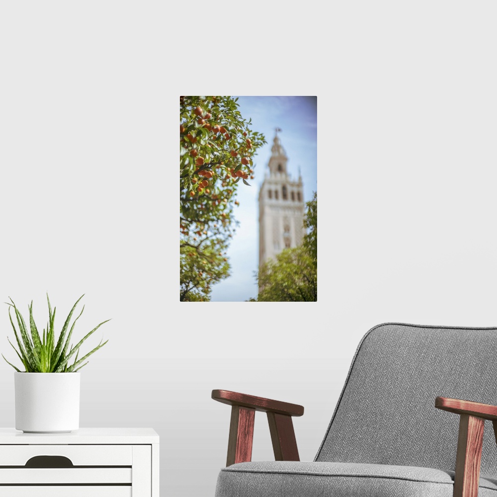A modern room featuring The Giralda Tower from the Court of the Oranges, Seville, Spain.
