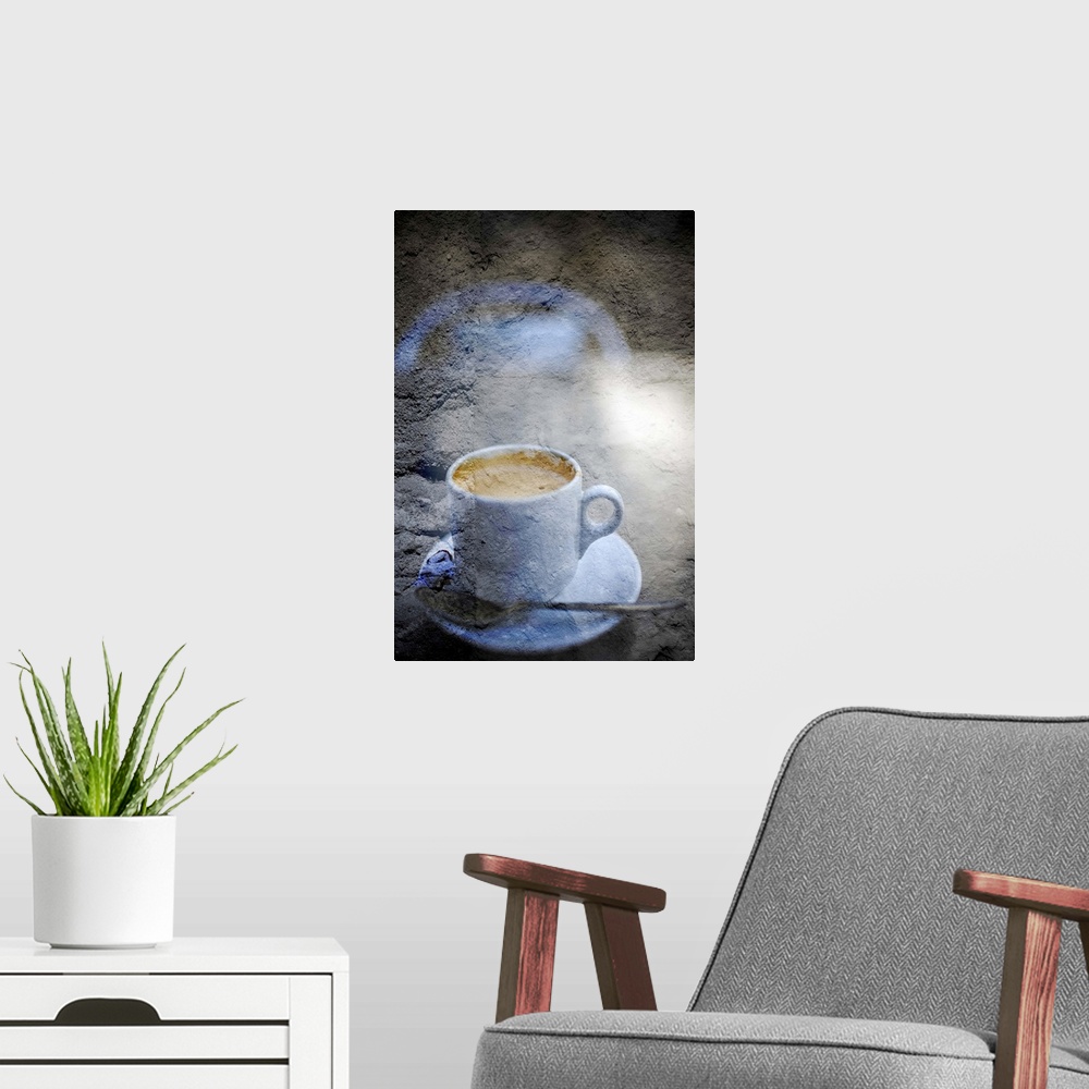 A modern room featuring Digital composite of a cup of coffee with added texture
