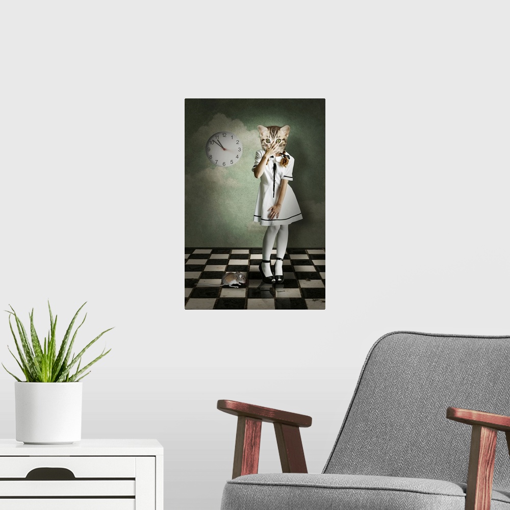 A modern room featuring surreal kitten dressed as a human witha mouse and a clock