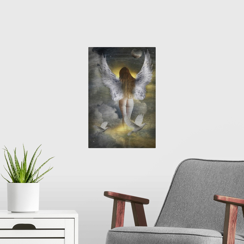 A modern room featuring angel in the clouds