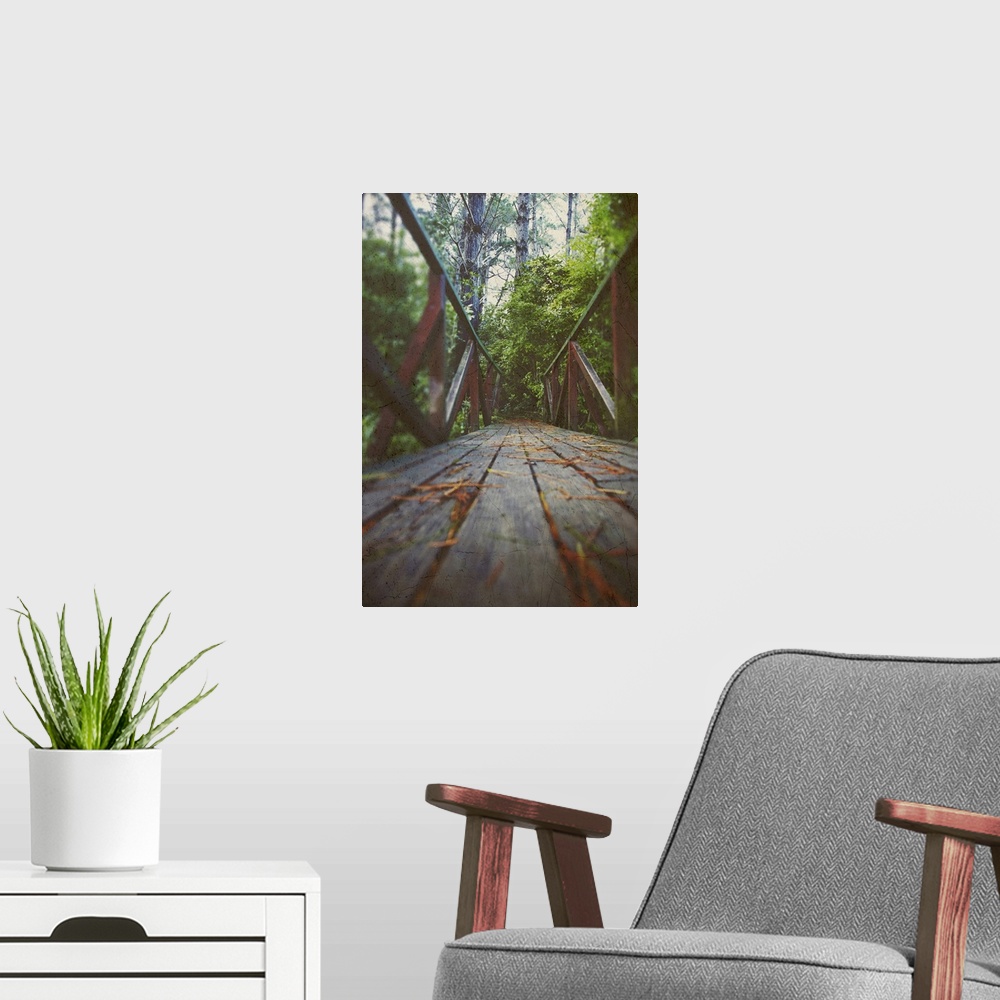 A modern room featuring low angle view of a wooden bridge leading into a forest