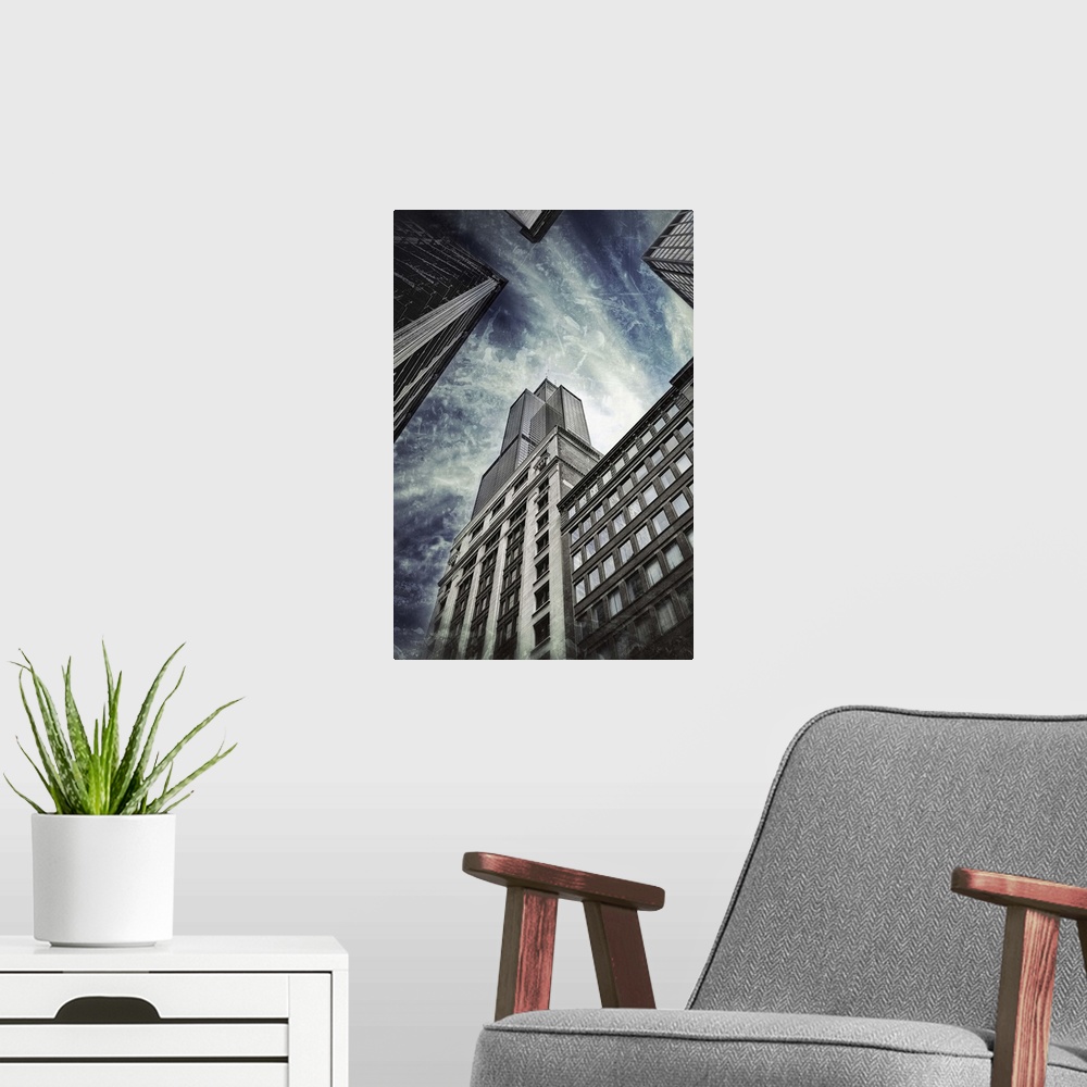 A modern room featuring Willis Tower (formerly named Sears Tower) skyscraper in Chicago, Illinois. It is the tallest buil...