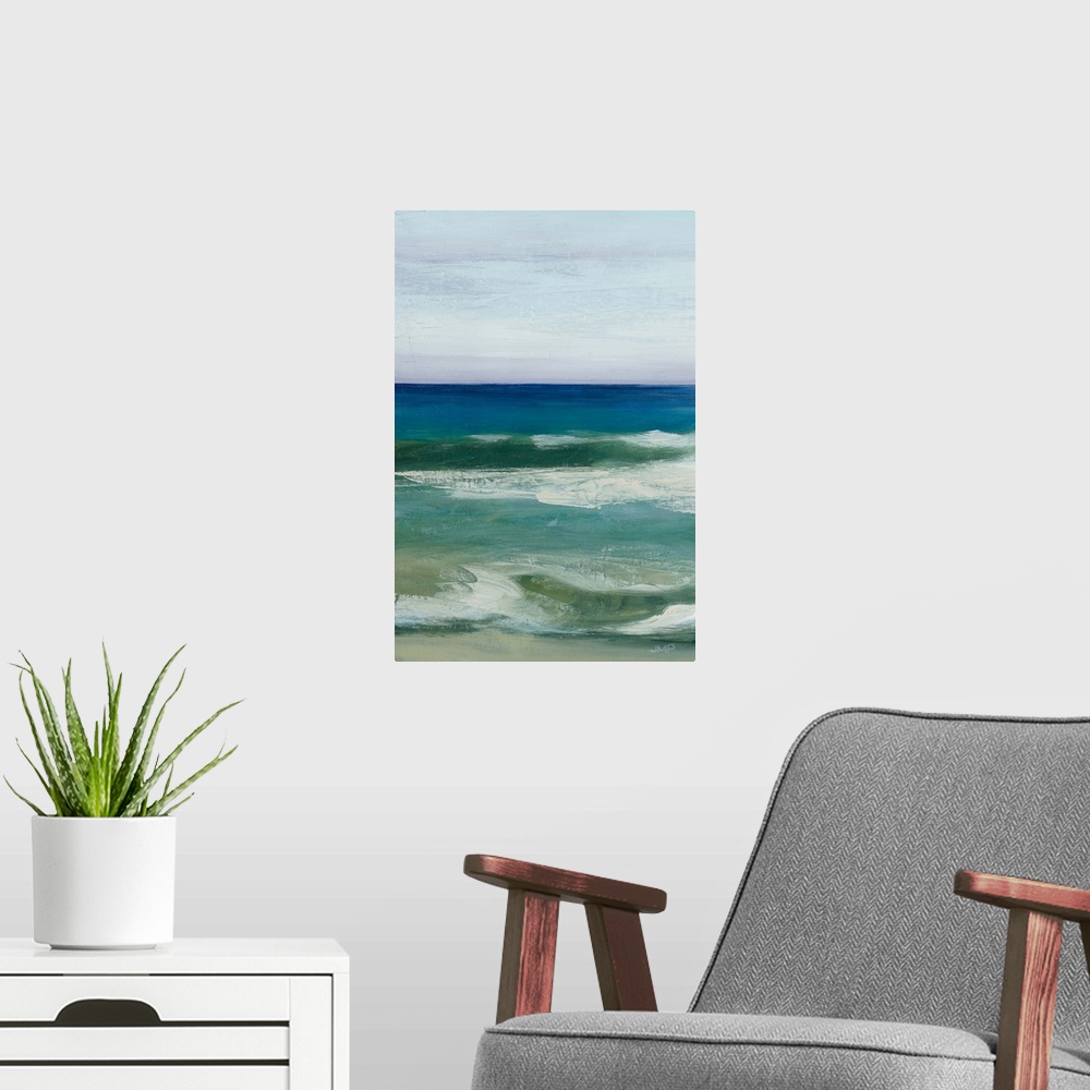 A modern room featuring Contemporary artwork of textured brush strokes that carve out a serene ocean scene.