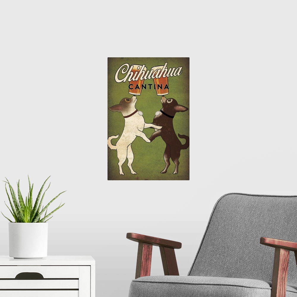 A modern room featuring Illustration of two chihuahuas balancing beers on their noses with "Chihuahua Cantina" written at...