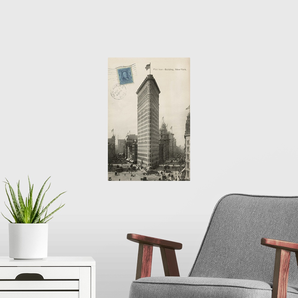 A modern room featuring Vintage photograph of the Flat Iron building with a blue stamp to the left of the image.