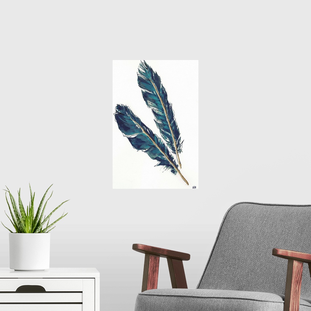 A modern room featuring Large vertical painting of two feathers with metallic blue and gold paint.