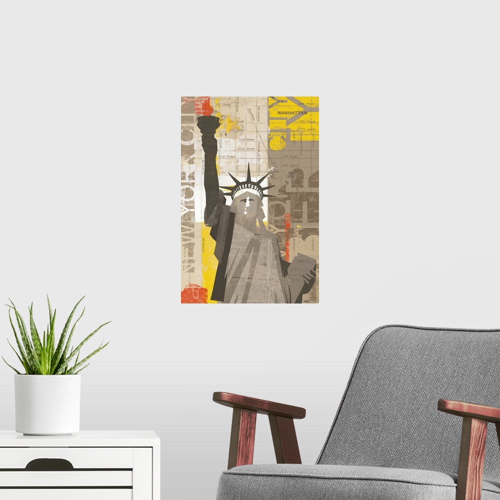 A modern room featuring Contemporary artwork of the Statue of Liberty in cut out fashion with map of New York and text in...