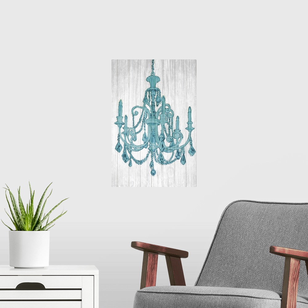 A modern room featuring Contemporary artwork of a teal chandelier against a gray background.