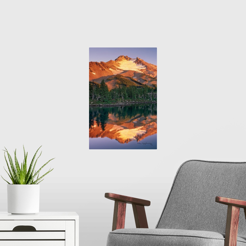 A modern room featuring Sunset on Mount Jefferson from Bays Lake in Jefferson Park, Mount Jefferson Wilderness Oregon