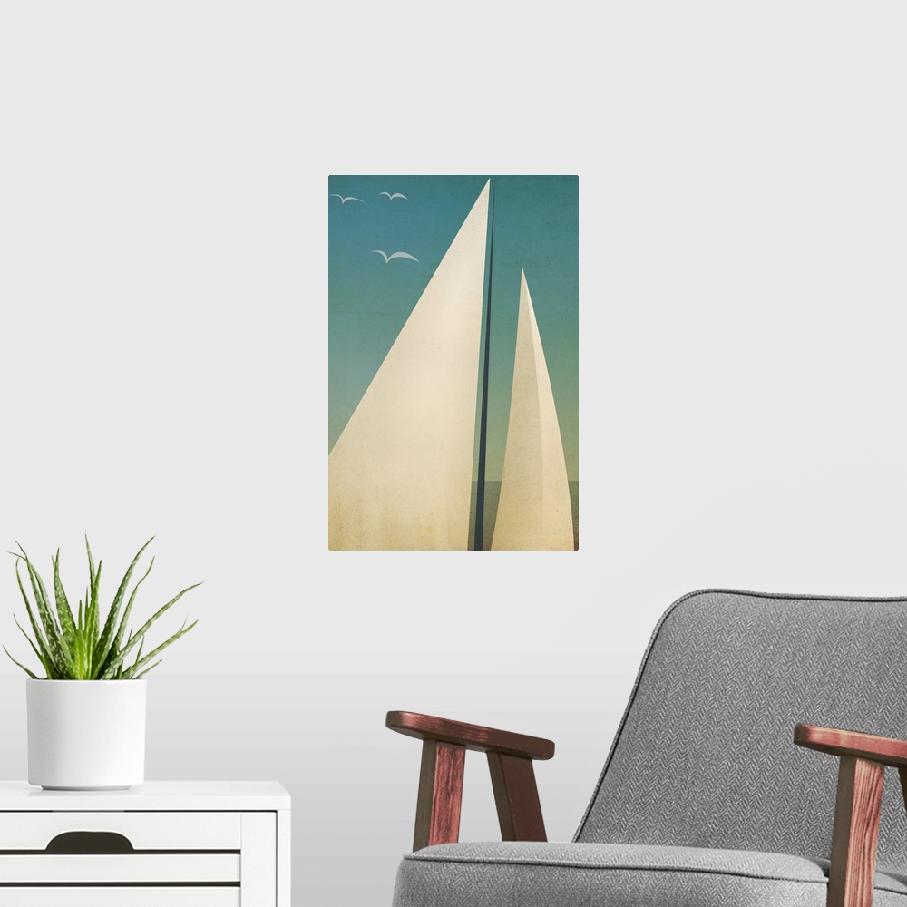 A modern room featuring Contemporary artwork of sails seen against a dark blue sky.