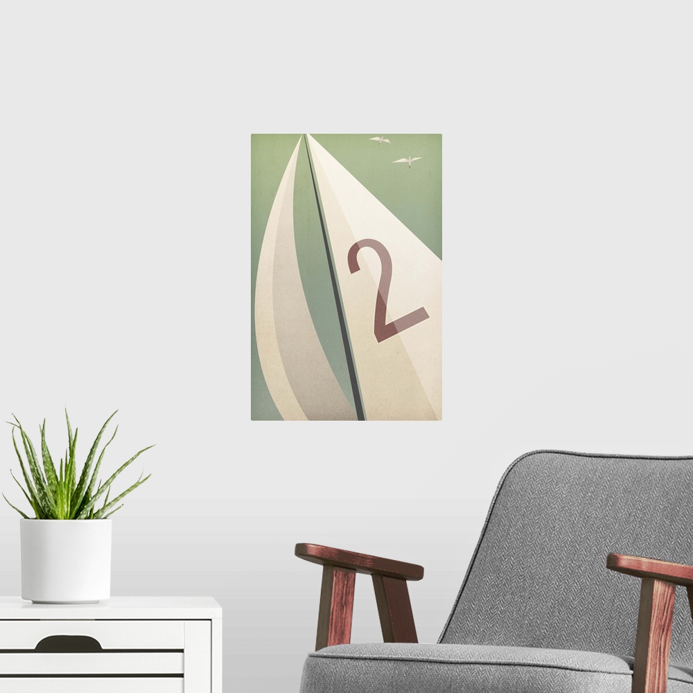 A modern room featuring Contemporary artwork of a sail with a number on it against a pale green background.