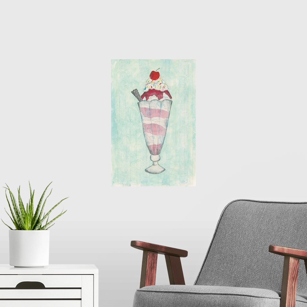 A modern room featuring Cute painting of ice cream in a tall glass with a cherry on top.