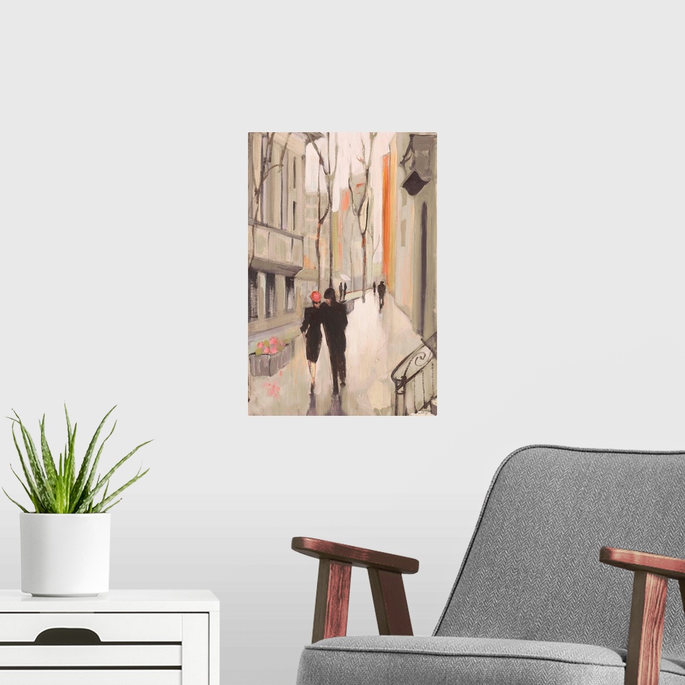 A modern room featuring Contemporary painting of a couple walking side by side down a neighborhood sidewalk.