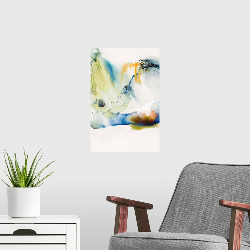 A modern room featuring Vertical abstract painting with colors melting together in shades of blue, green, and orange.