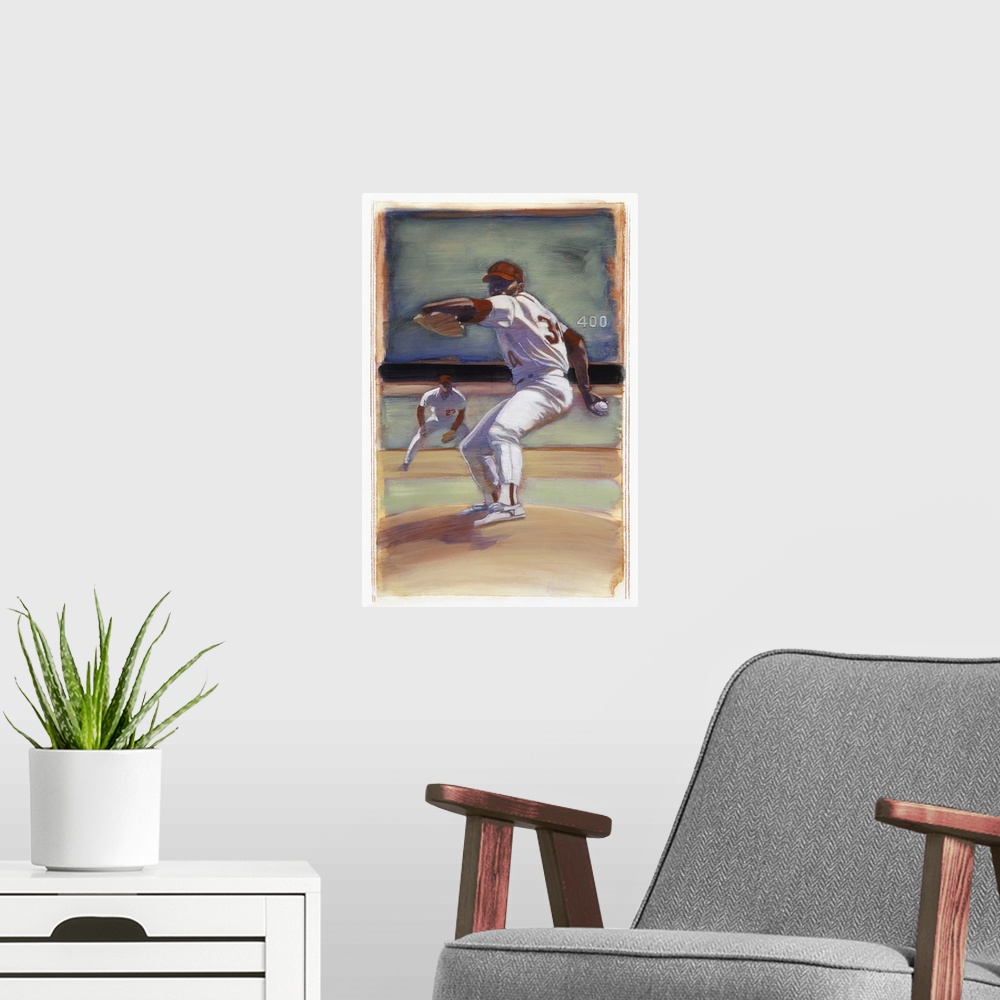 A modern room featuring Decorative image of a baseball pitcher getting ready to throw the ball during a game, bordered wi...