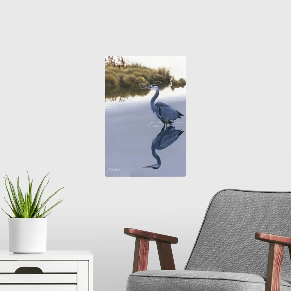 A modern room featuring Contemporary painting of a heron standing in still water.