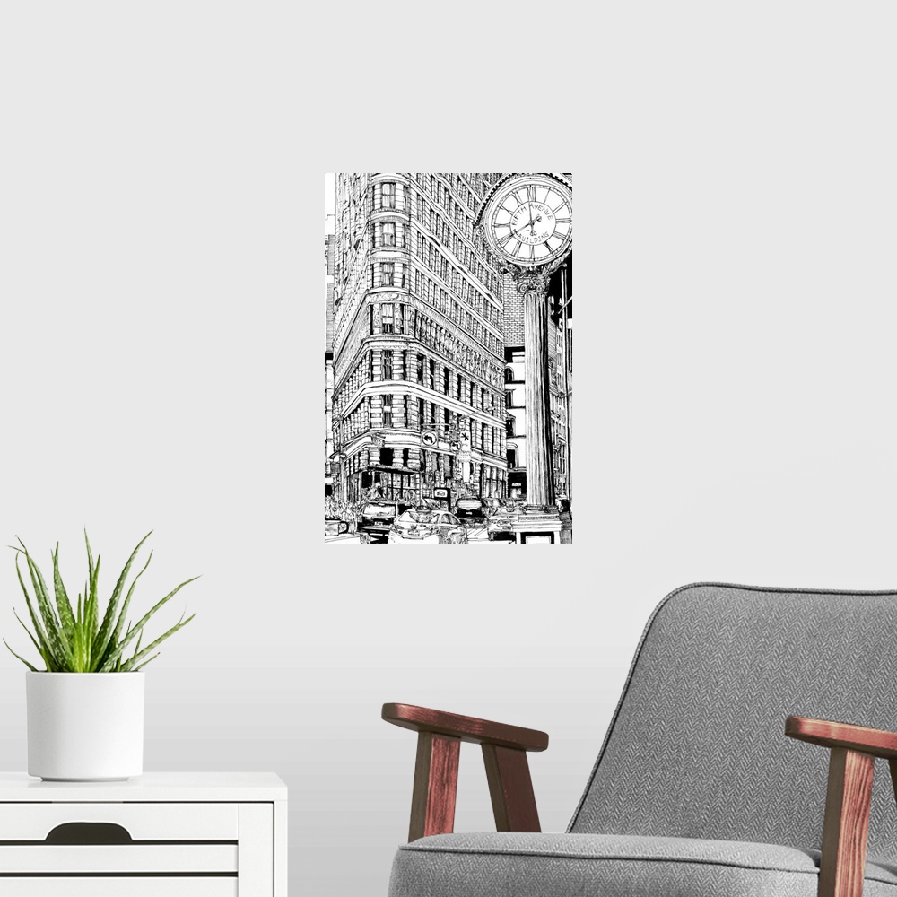 A modern room featuring Illustrated cityscape of New York City with taxi cabs and a street clock.