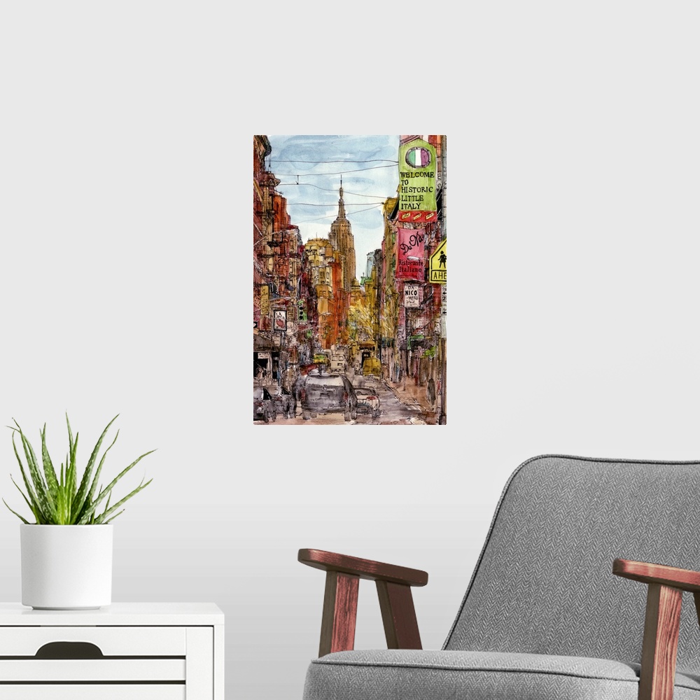 A modern room featuring Illustration of a street scene with skyscrapers in New York City.