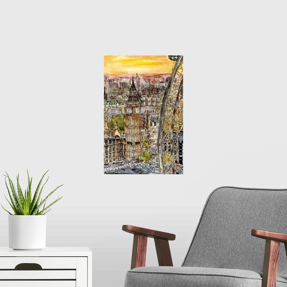 A modern room featuring Illustrated cityscape of London at sunset with a view of Big Ben and the London Eye.