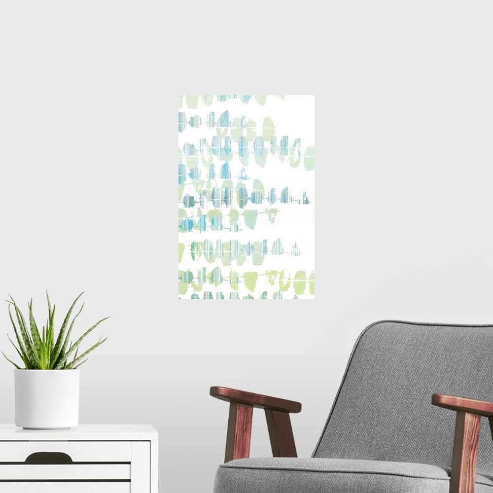 A modern room featuring Contemporary abstract painting of rows of blue and green spots on white.