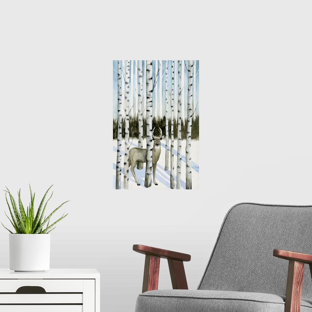 A modern room featuring Illustration of a deer hiding in aspen trees in the winter.