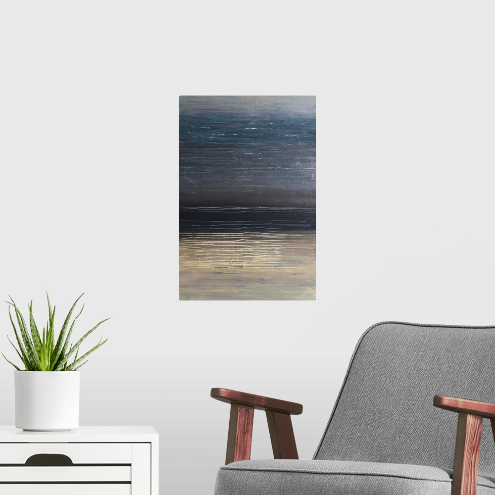 A modern room featuring Contemporary abstract art using muted colors and grungy distorted textures.