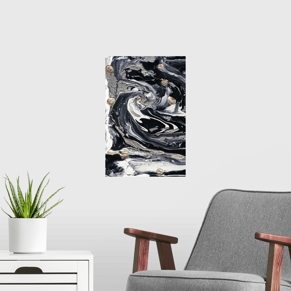 A modern room featuring Vertical abstract of white, gray and black swirls in a marble effect with circular gold accents.