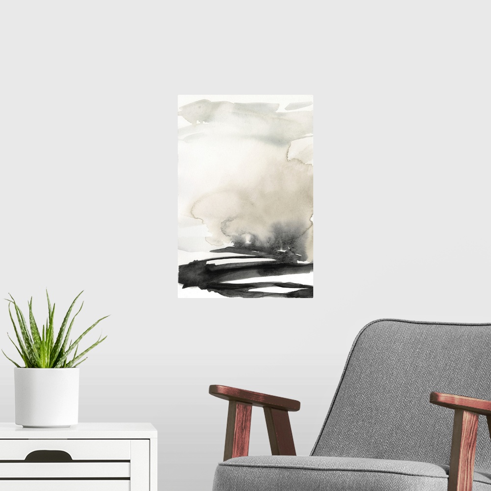 A modern room featuring Ebony Horizon Triptych I