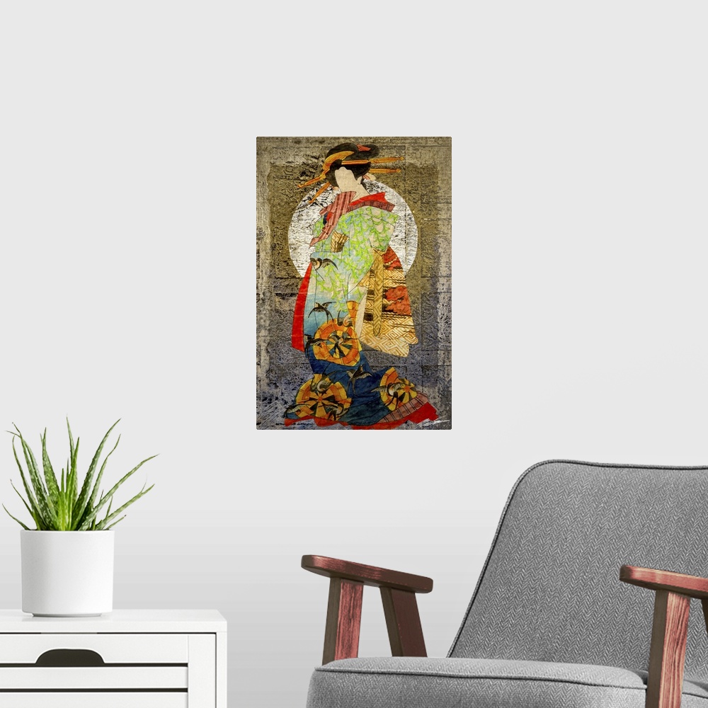 A modern room featuring Colorful artwork of a woman wearing a floral kimono.