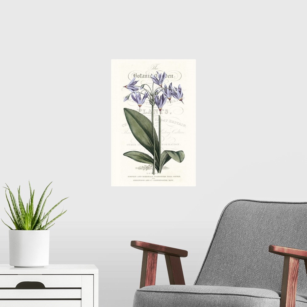 A modern room featuring This botanical illustration features a purple flower over decorative text on a neutral background.