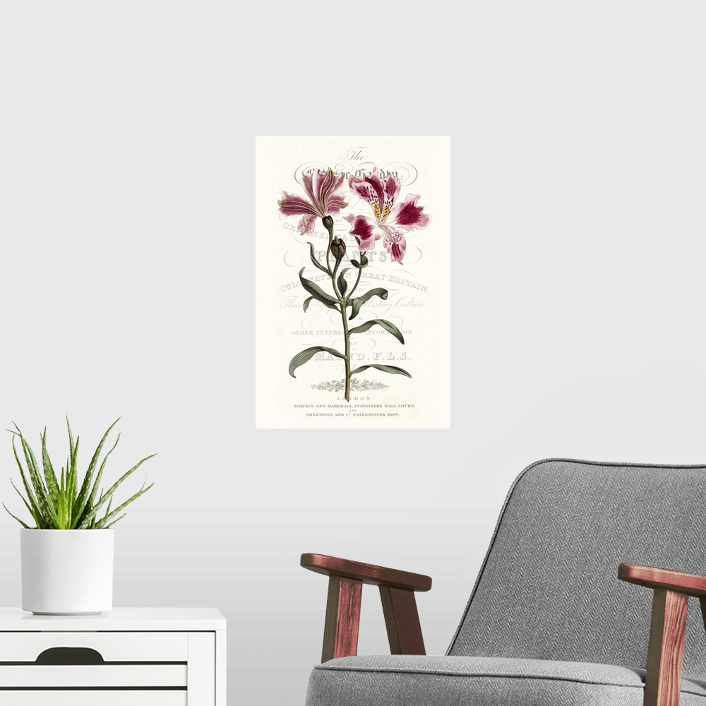 A modern room featuring This botanical illustration features a pink flower over decorative text on a neutral background.