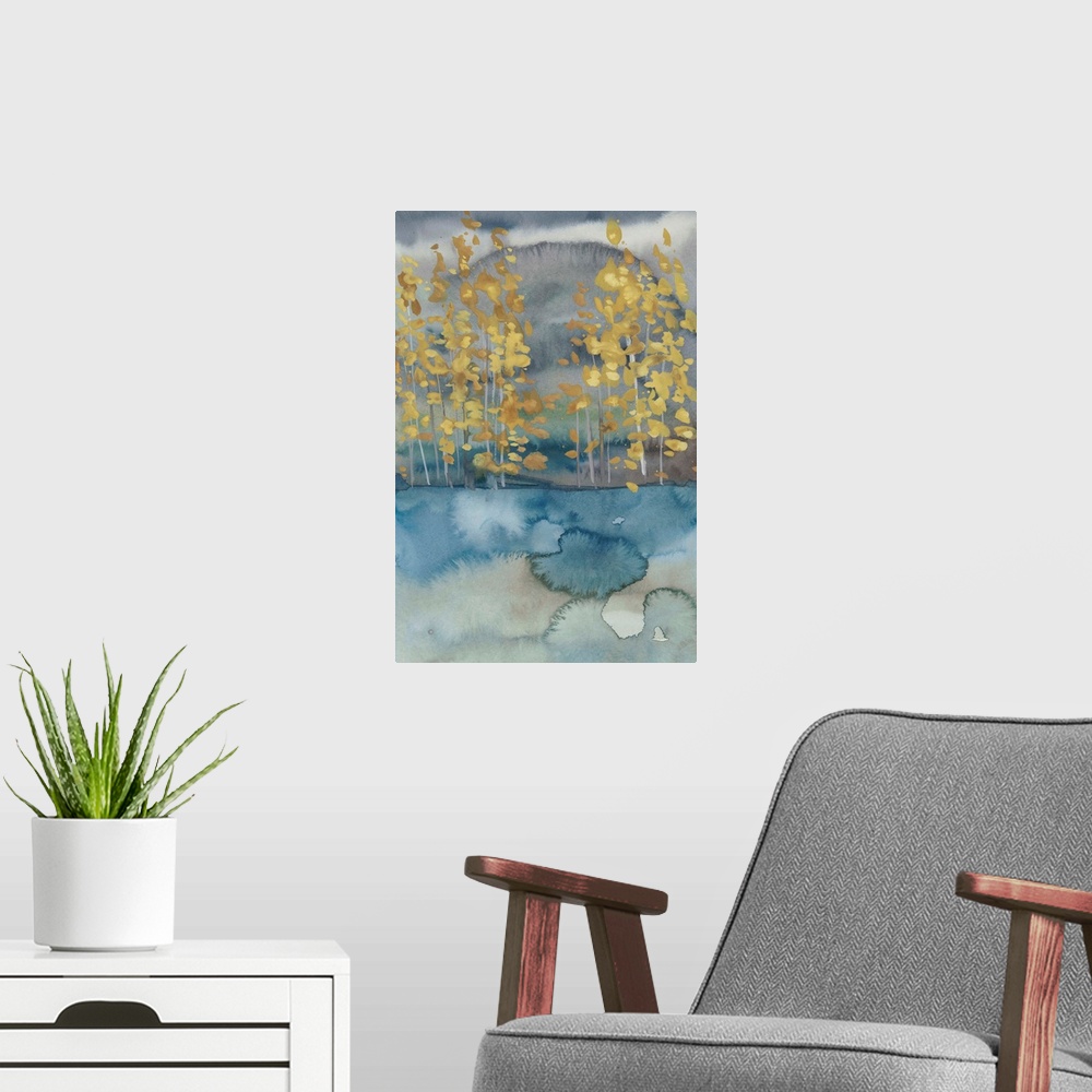 A modern room featuring Abstract watercolor landscape in blue and gray with golden trees.