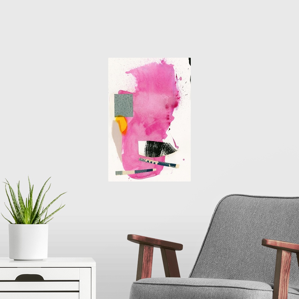 A modern room featuring Colorful abstract painting using a variety of colors and shapes.