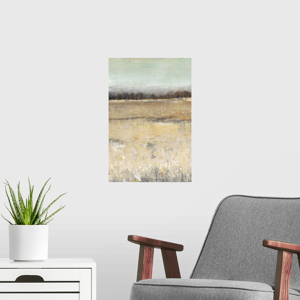 A modern room featuring Contemporary painting of a meadow with a forest at the edge.