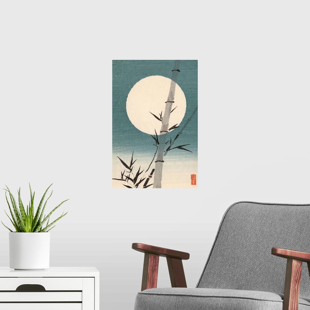 A modern room featuring Eastern art of a bamboo culm against the moon.