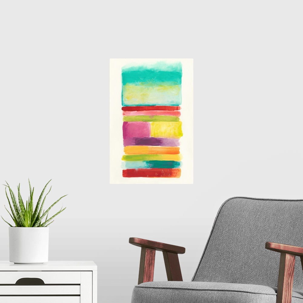 A modern room featuring An abstract painting of rectangular shapes in vibrant colors stacked to create one big rectangle.