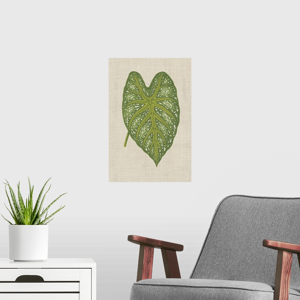 A modern room featuring This decorative artwork features an illustrative leaf with speckling detail over a neutral linen ...
