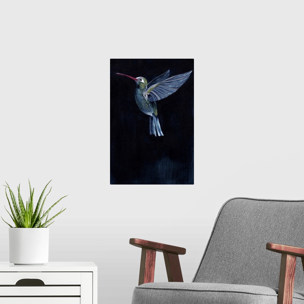 A modern room featuring Painting of a hummingbird in flight against a dark background.
