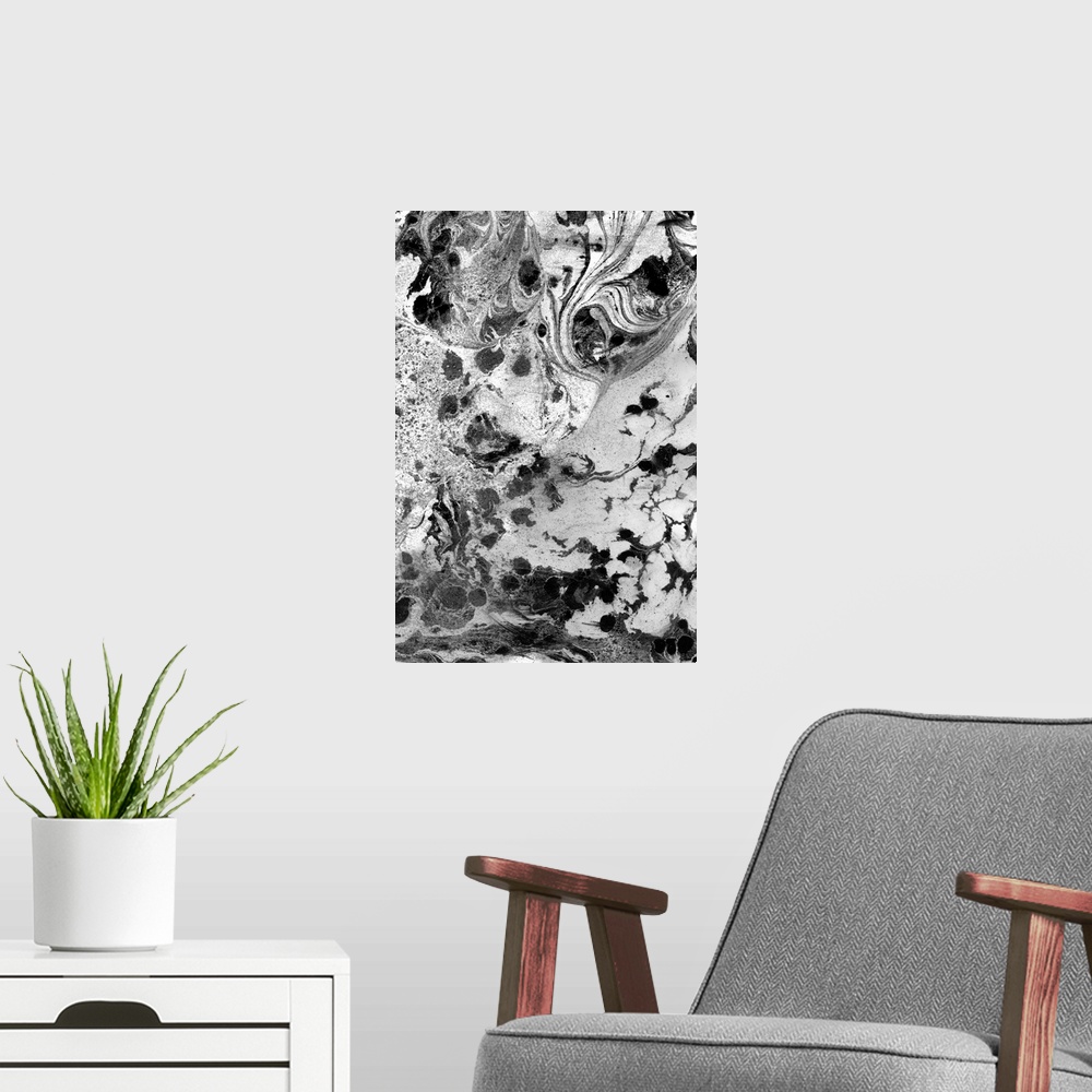 A modern room featuring Mottled black and white textures that have been liquefied in some areas fill this abstract art.