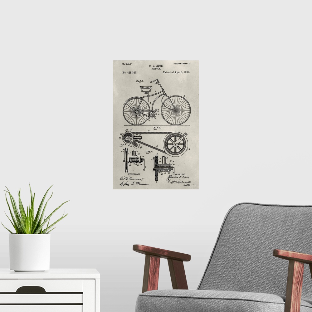 A modern room featuring Vintage patent illustration of a bicycle.