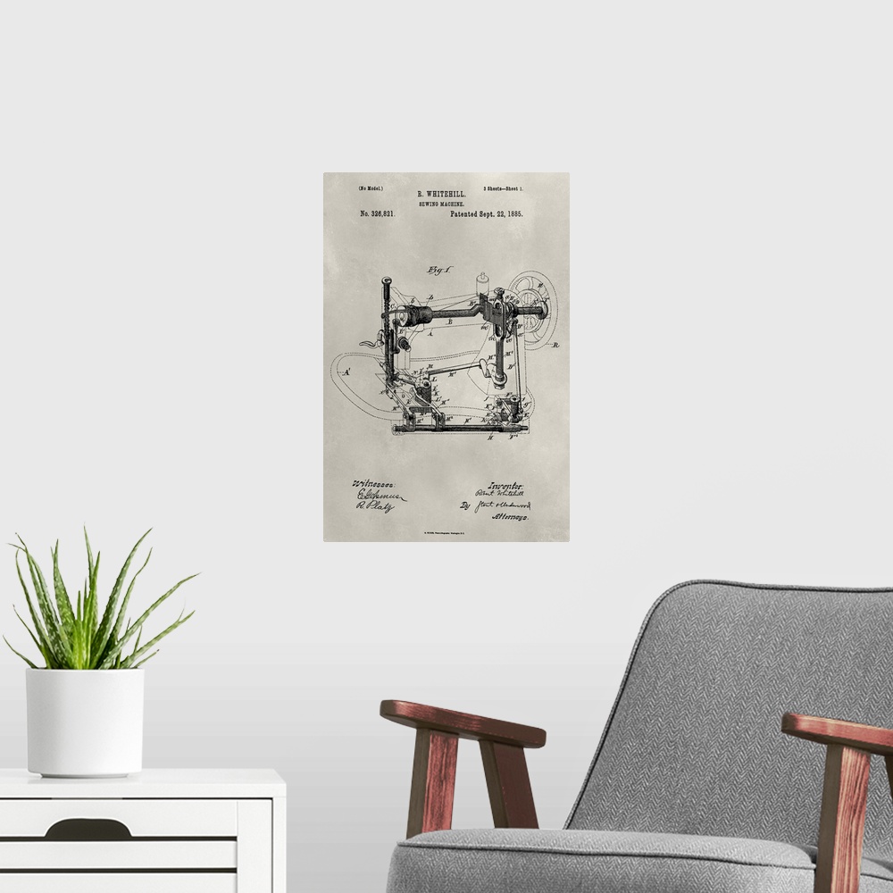 A modern room featuring Vintage patent illustration of a sewing machine.