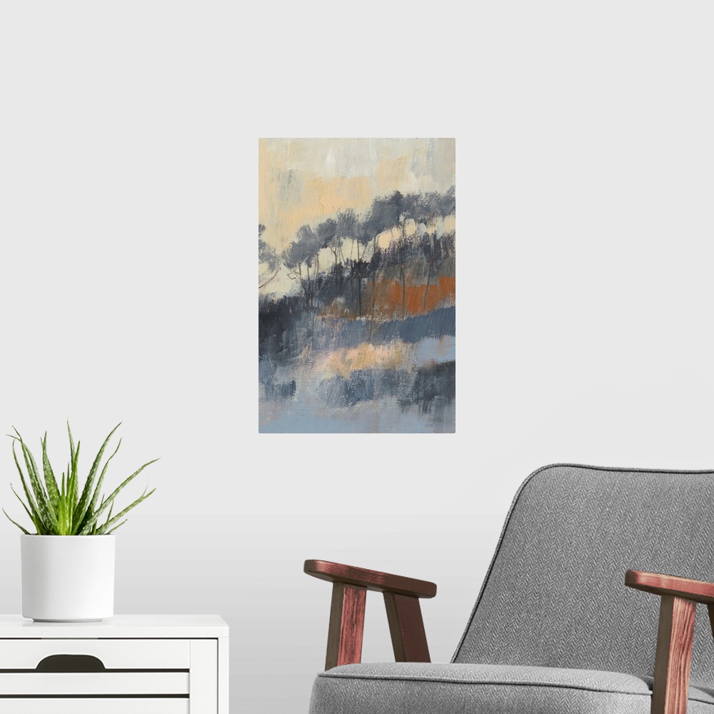 A modern room featuring Contemporary artwork in dusky earth tones of a row of trees on a hill.