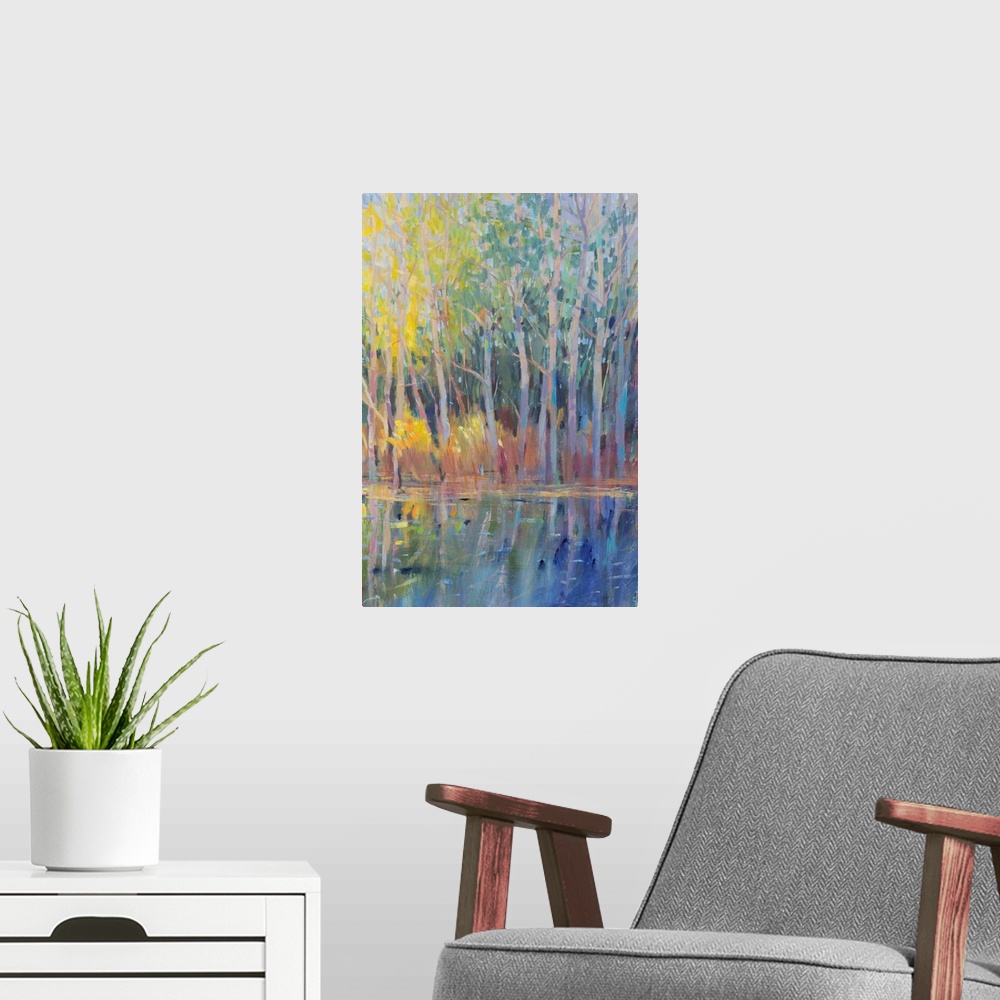 A modern room featuring Reflected Trees I